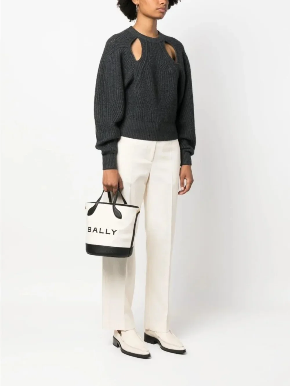 NWT $755 Bally Bar 8 Hours Logo Print Canvas & Leather Bucket Bag White Size OS